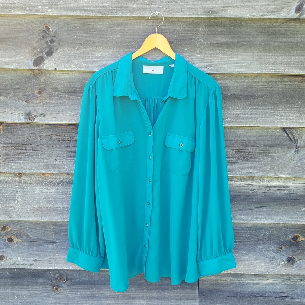 Avenue Studio teal button-down tunic collared shirt plus size polyester - 26/28